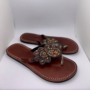 cute beaded design real leather flip flops